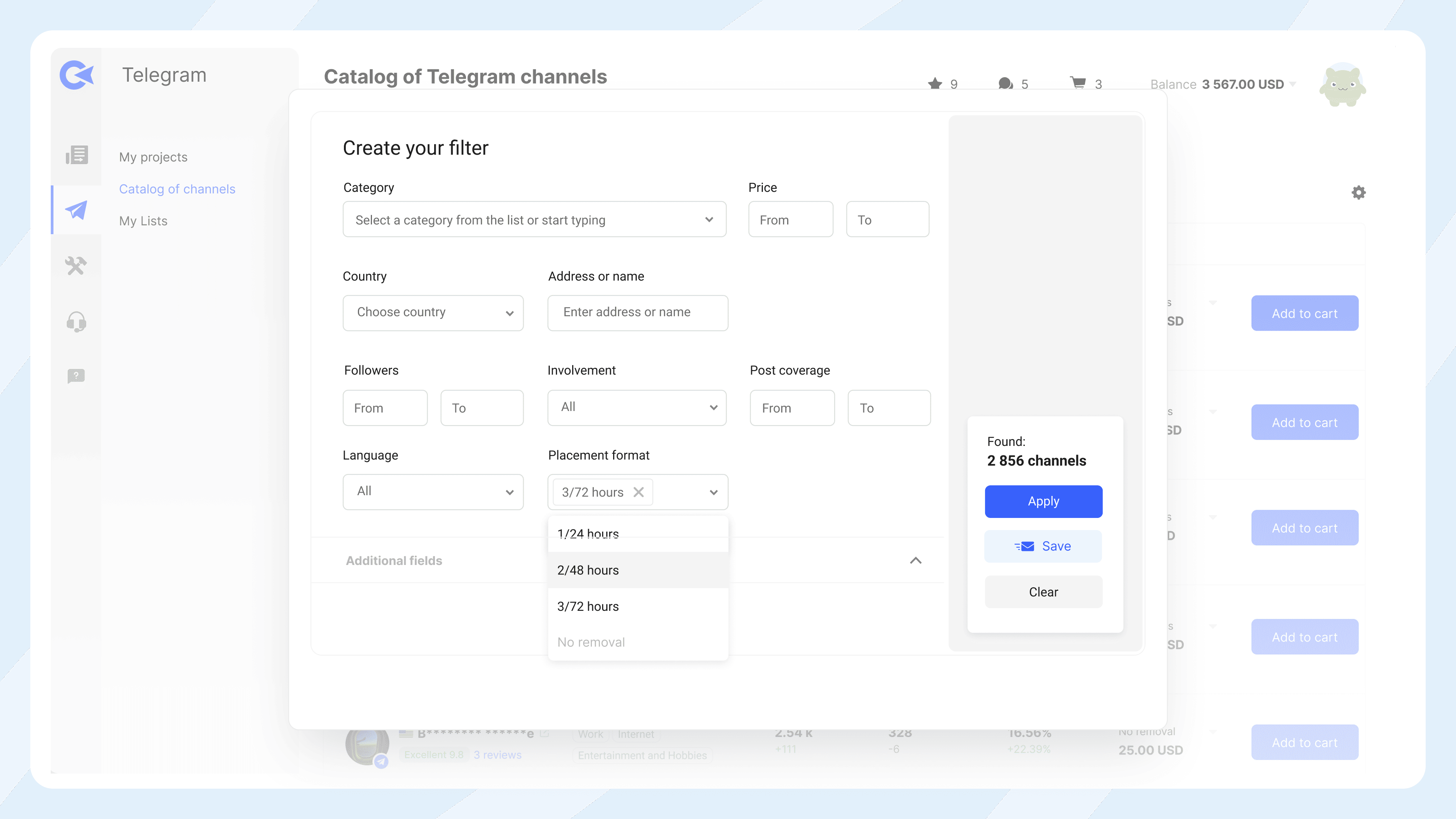 Скриншот интерфейса фильтрации каналов Collaborator в Telegram с полями для категории, цены, страны, подписчиков и формата размещения.